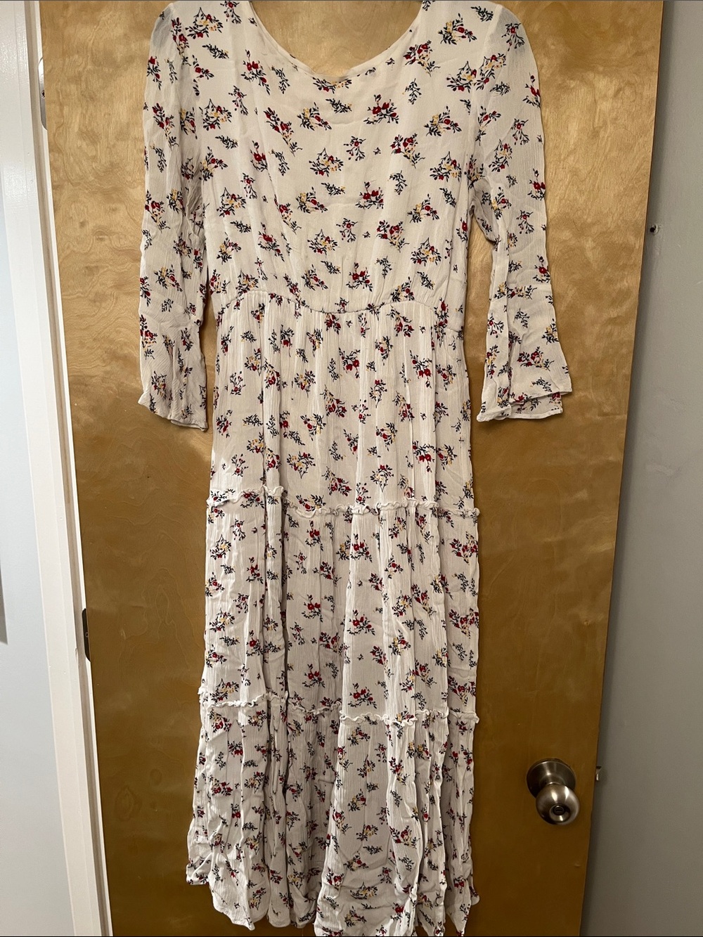 Cream Floral Tiered Maxi Dress with Red & Navy Accents
